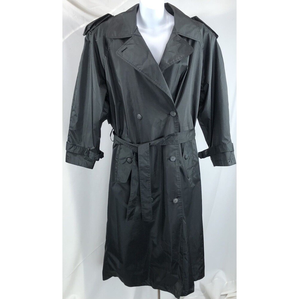 Vintage Maggie Lawrence Rain Trench Coat 8 Blk Silky Double Breast Belted career